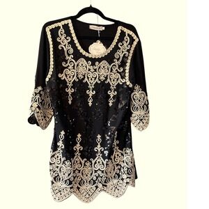 Simply Couture Black Sequin Embroidered Tunic Top/Mini Dress Size‎ S NWT